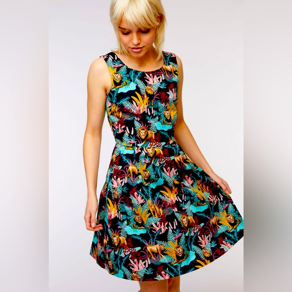 Dangerfield Tropical Lion Print Fit & Flare Dress - Black Multi